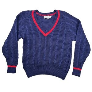 Vintage Chaus Sweater Womens Sm Tennis V Neck Navy Cable Knit Ramie 80s 90s